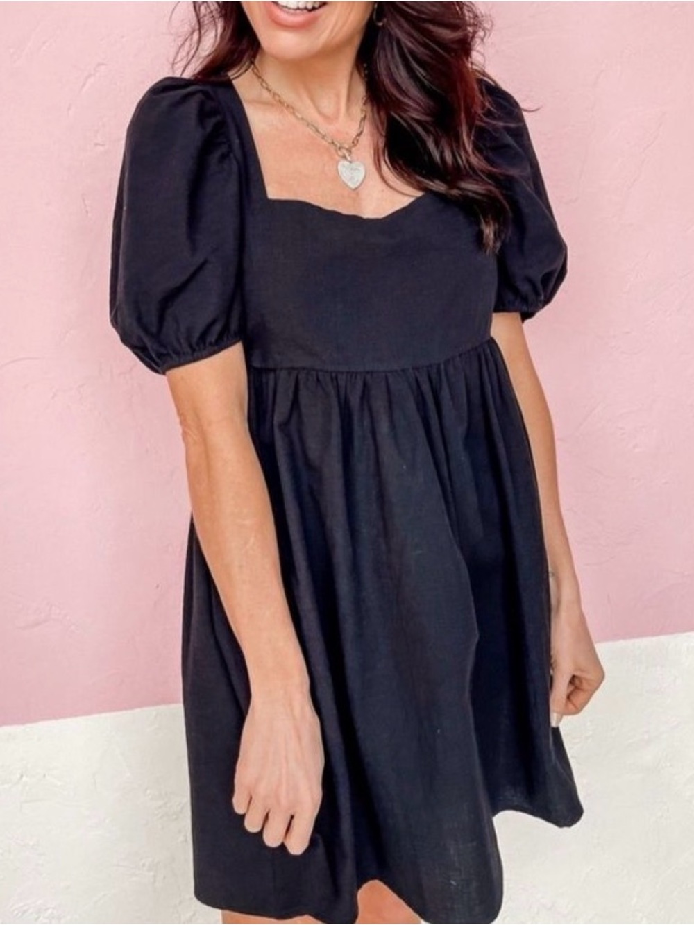 Altar'd State Black Square Neck Puff Sleeve Babydoll Mini Dress size XS LBD
